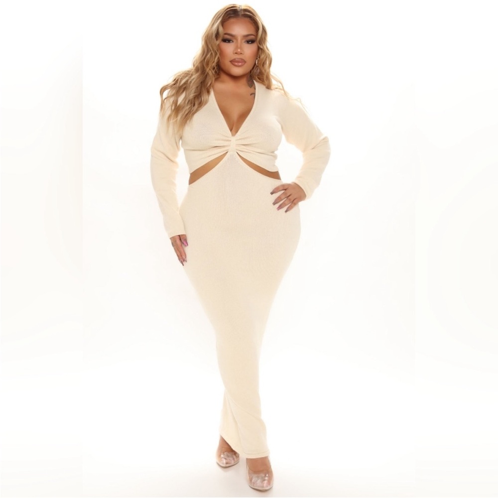 Fashion Nova Cream Long Sleeve Dress